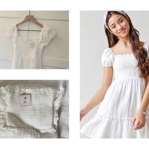 Girls Size 14 Franki by Francesca’s White Smocked Puff Sleeve Dress NWT!